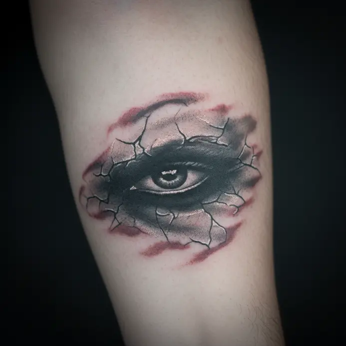 A detailed forearm tattoo zoomed in on the Joker's eye area with expertly smudged white and black makeup.