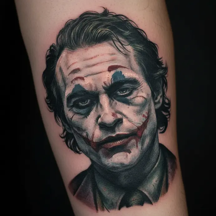 A detailed black and grey realism tattoo depicting Heath Ledger's Joker with smeared makeup and intense eyes.