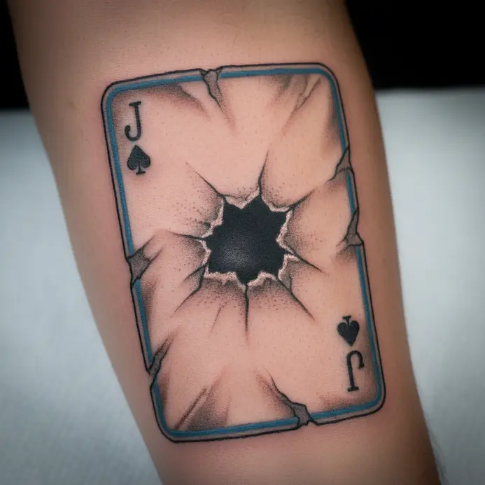 A realistic tattoo of a Joker playing card with a torn, bullet hole through its center.