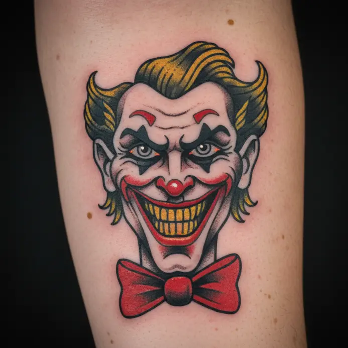 An American traditional tattoo of a Joker's head with bold black outlines, a limited color palette, and classic shading.