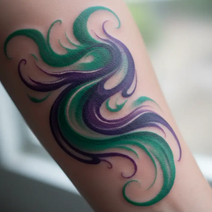 An abstract tattoo composed of swirling green and purple ink splashes, evoking the Joker's color palette.