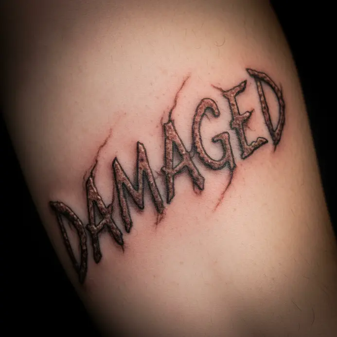 A tattoo design depicting the word Damaged scarred into a forehead, referencing a key character trait.