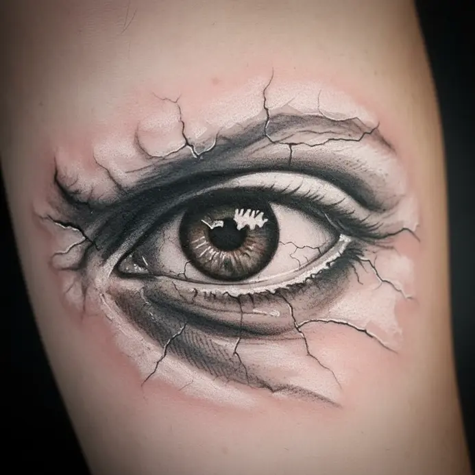 An intense close-up tattoo focusing solely on the Joker's eyes, surrounded by cracked white makeup.