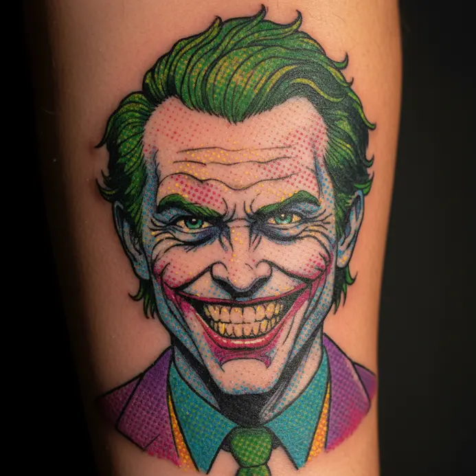 A pop art tattoo of the Joker using Ben-Day dots, bold colors, and a graphic comic book aesthetic.