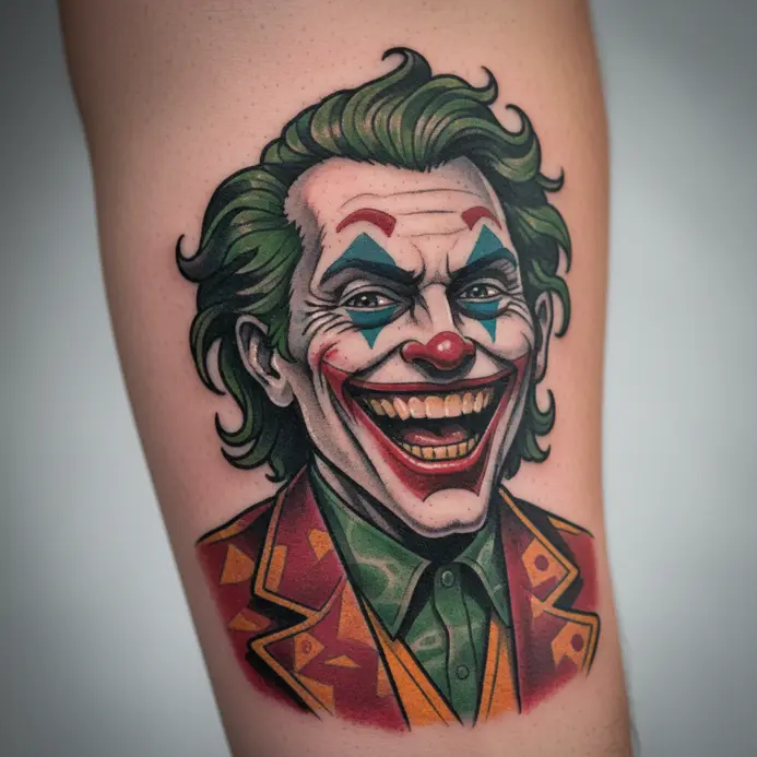 A neo-traditional tattoo of the Joker captured mid-laugh, with rich colors, decorative elements, and clean linework.