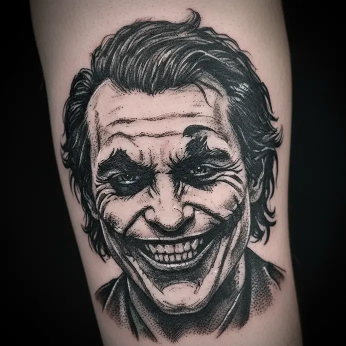 A black and grey tattoo that looks like a rough charcoal sketch of the Joker's face, with smudged lines and high contrast.