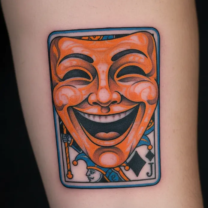 A tattoo design featuring a Joker's laughing mask laid over the face of a standard playing card jester.
