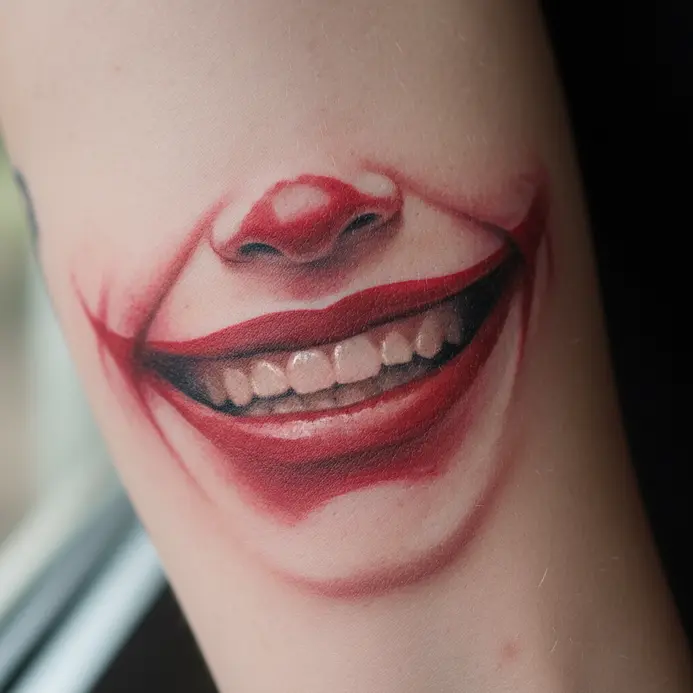 A hyper-detailed forearm tattoo depicting just the Joker's wide, red smile, as if painted on the skin.