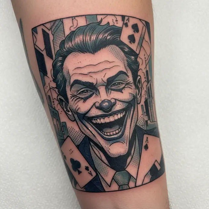 An illustrative tattoo recreating a famous panel from The Killing Joke graphic novel.
