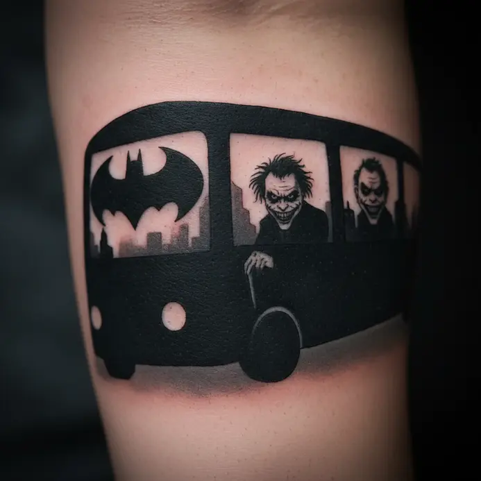 A silhouette tattoo depicting the Joker sticking his head out of a school bus window, from a famous movie scene.