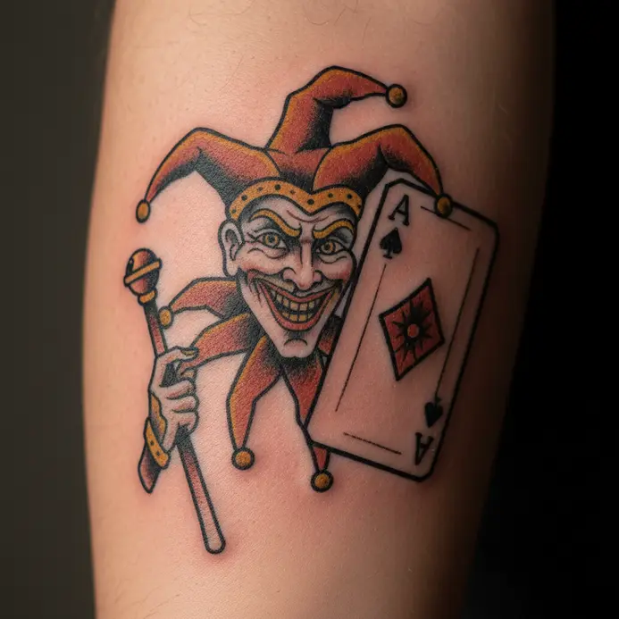 A traditional tattoo of a vintage-style Joker playing card with bold black outlines and red and yellow accents.