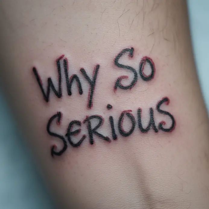 A script tattoo of the phrase Why So Serious in a chaotic, handwritten style.