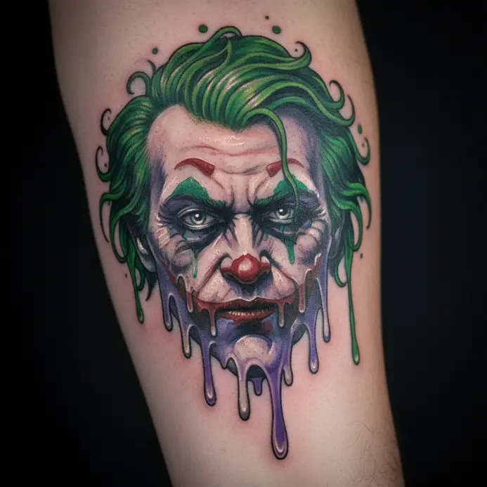 A surreal tattoo depicting the Joker's face melting and dripping, inspired by acid vat origins.