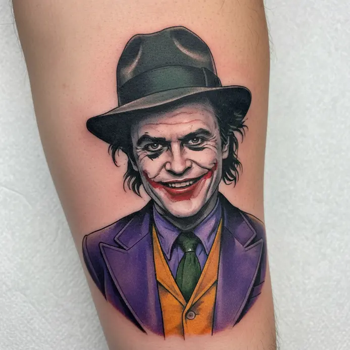 A color portrait tattoo of Jack Nicholson as the Joker wearing a purple suit and a wide-brimmed fedora.