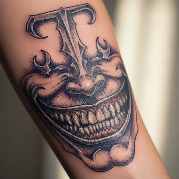A detailed tattoo focusing on the Suicide Squad Joker's metal grill and facial tattoos.