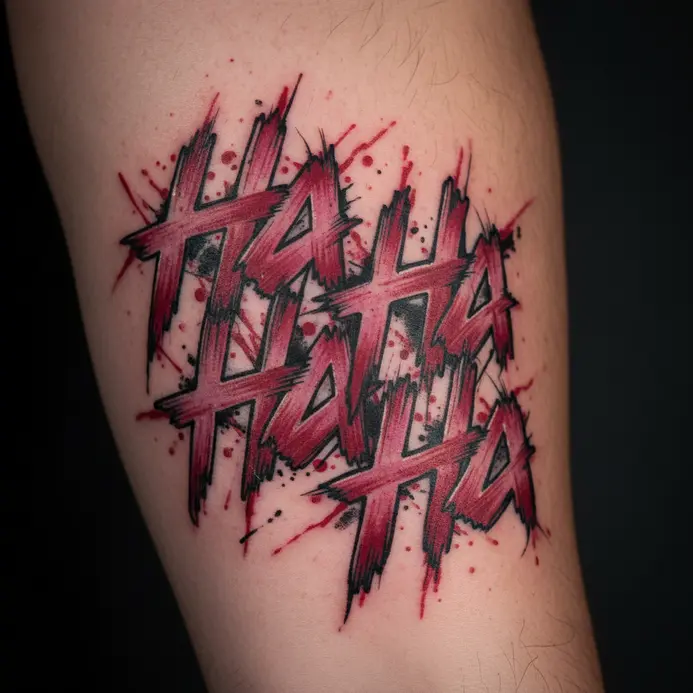 A typography tattoo of the words Ha Ha Ha in a wild, overlapping, and distressed style.