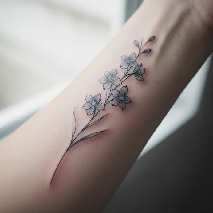 A single, delicate larkspur stem rendered in fine black ink trails elegantly down a forearm.