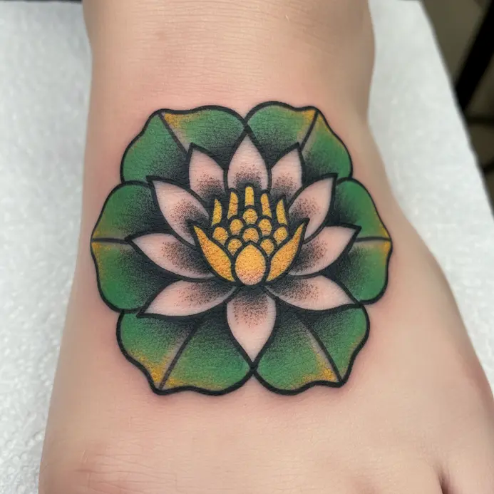 A bold, classic water lily with thick black outlines and limited color palette sits on the top of the foot.