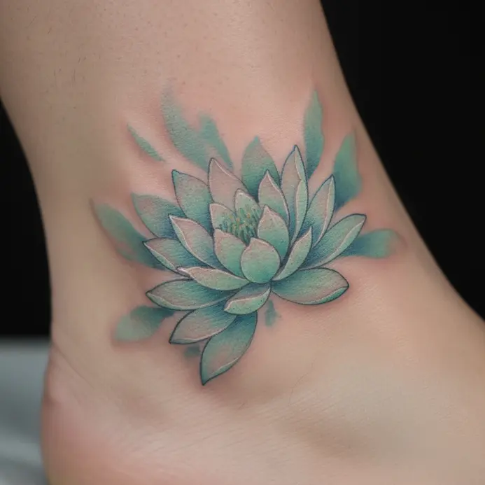 A soft water lily in gentle blues and greens appears to float on the skin near the ankle bone.