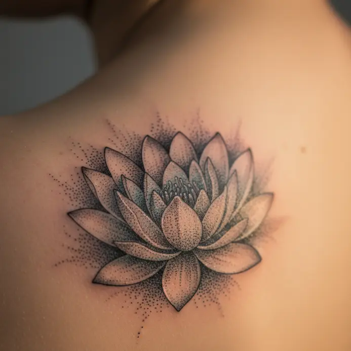A water lily composed entirely of tiny dots creates soft shading and texture on the shoulder.