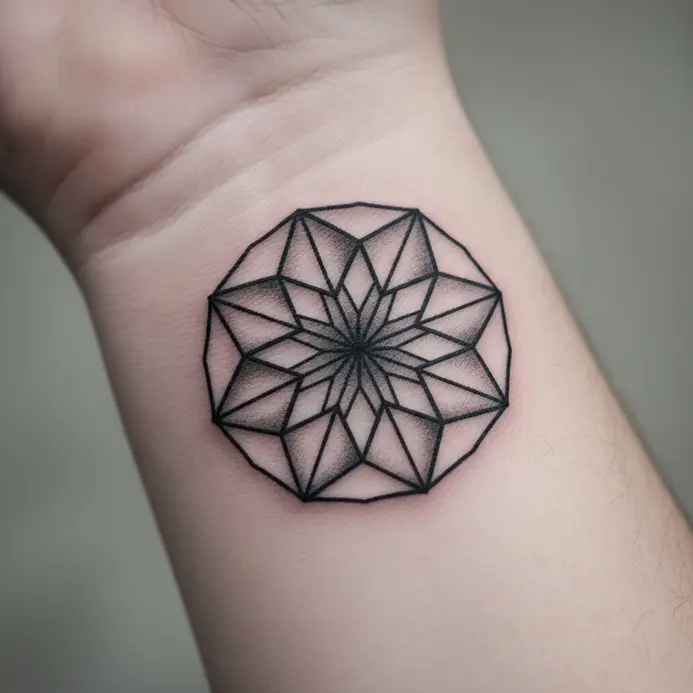 A larkspur flower is integrated into a geometric pattern that forms a band around the wrist.