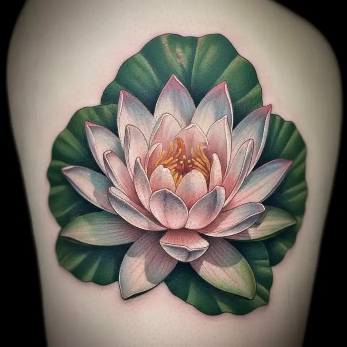 A hyper-realistic water lily with detailed petals and leaves rests on the skin of the thigh.