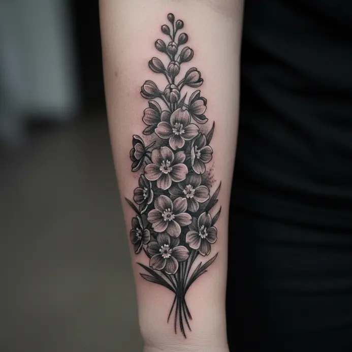 A bouquet of larkspur blooms rendered in detailed black and grey shading with deep shadows.