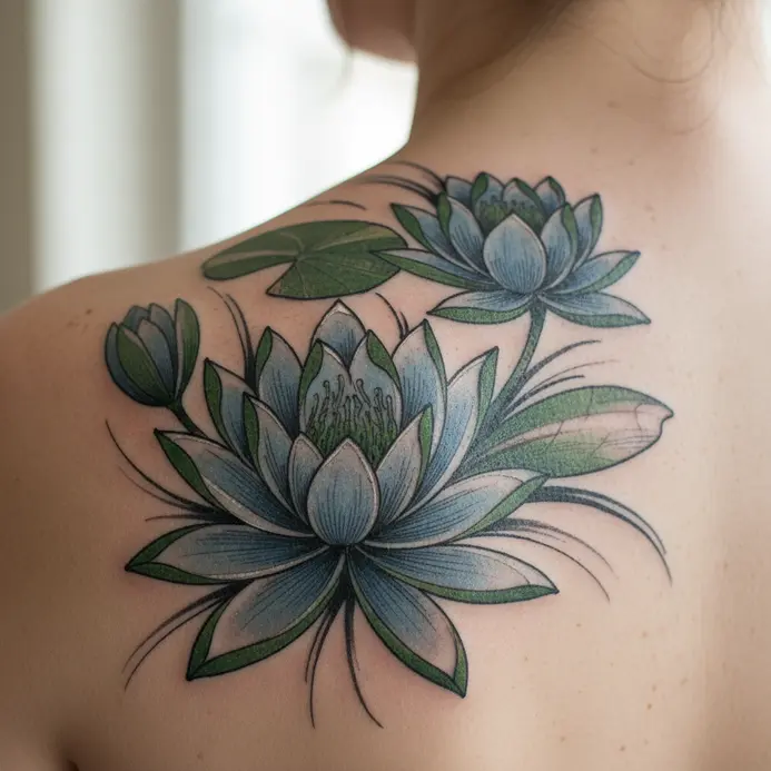 A stylized water lily with flowing lines and artistic details covers the upper back area.