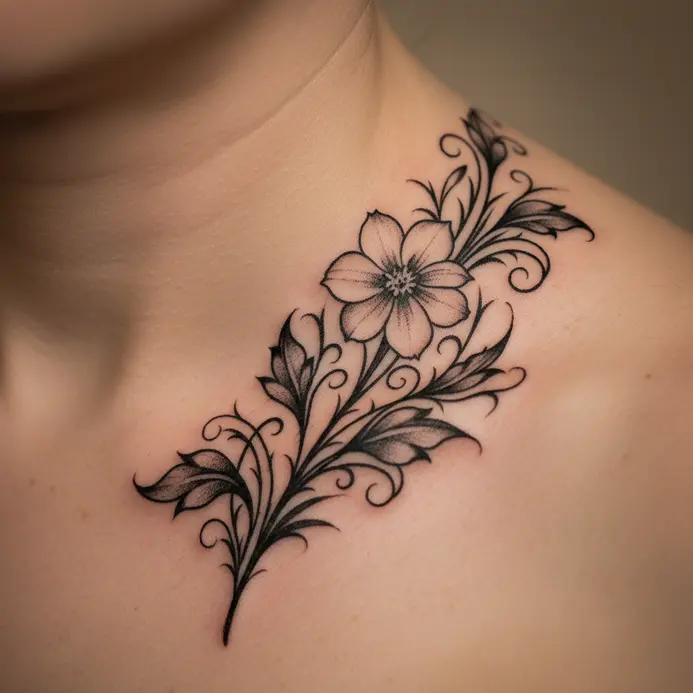 The outline of a larkspur stem uses negative space within the leaves, placed along the collarbone.