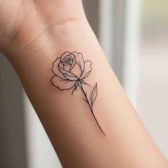 A delicate, single-line drawing of a rose bud tattooed on the inner wrist.