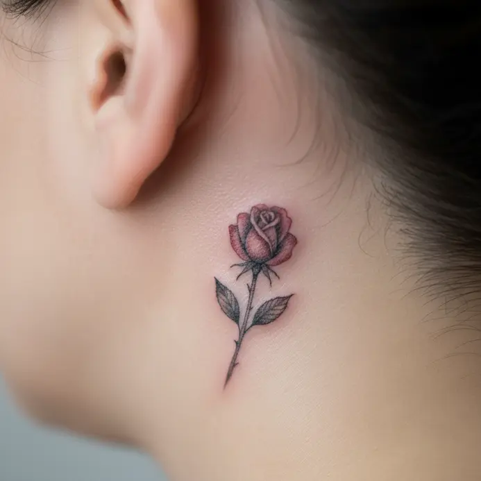 A miniature, photorealistic rose with subtle shading tattooed in the space behind the ear.