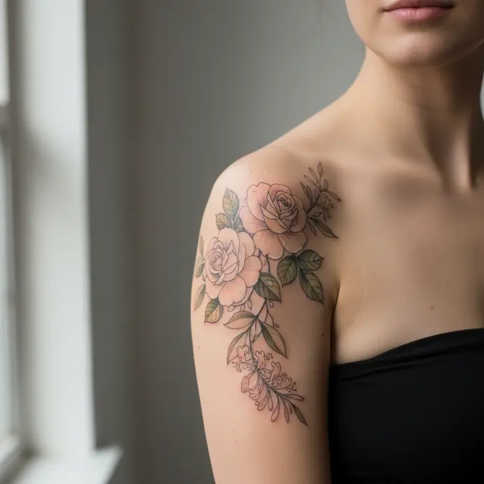 Soft watercolor blooms and vines of honeysuckle flowing along the side of the ribcage.