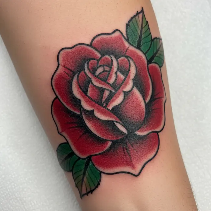 A large, stylized rose with rich black outlines and saturated color tattooed on the forearm.
