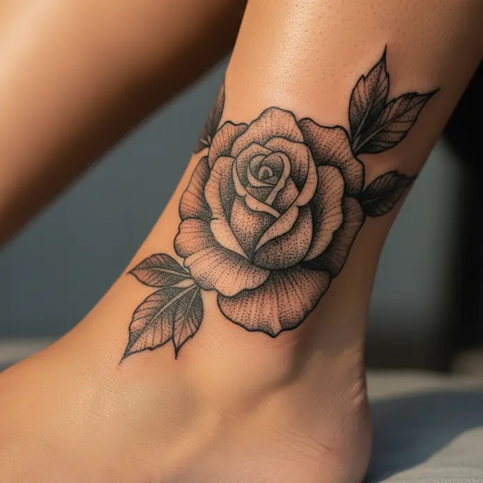 A detailed rose composed entirely of tiny black dots, tattooed around the ankle bone.