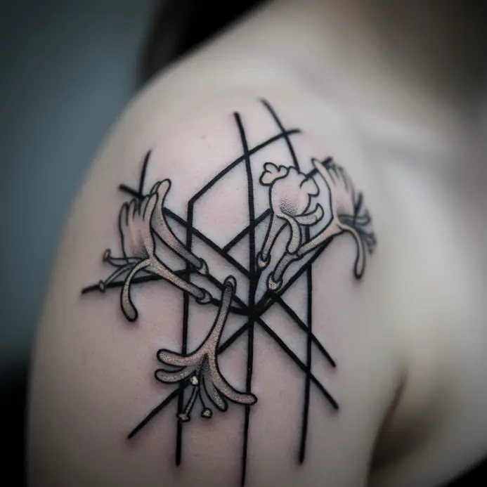 Delicate honeysuckle vines weaving through clean geometric lines on the shoulder.