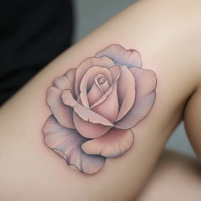 A large rose with softly blended petals in muted pastel colors tattooed on the upper thigh.