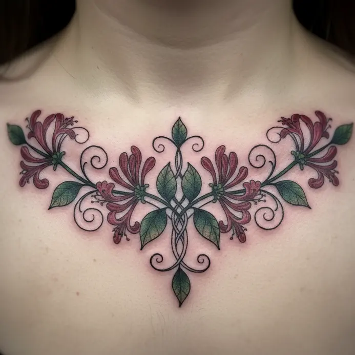 A symmetrical arrangement of detailed honeysuckle buds and leaves tattooed below the collarbone.