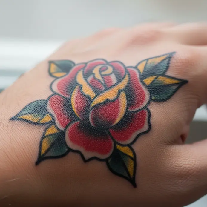 A bold, simplified rose with thick black outlines and primary colors tattooed on the back of the hand.