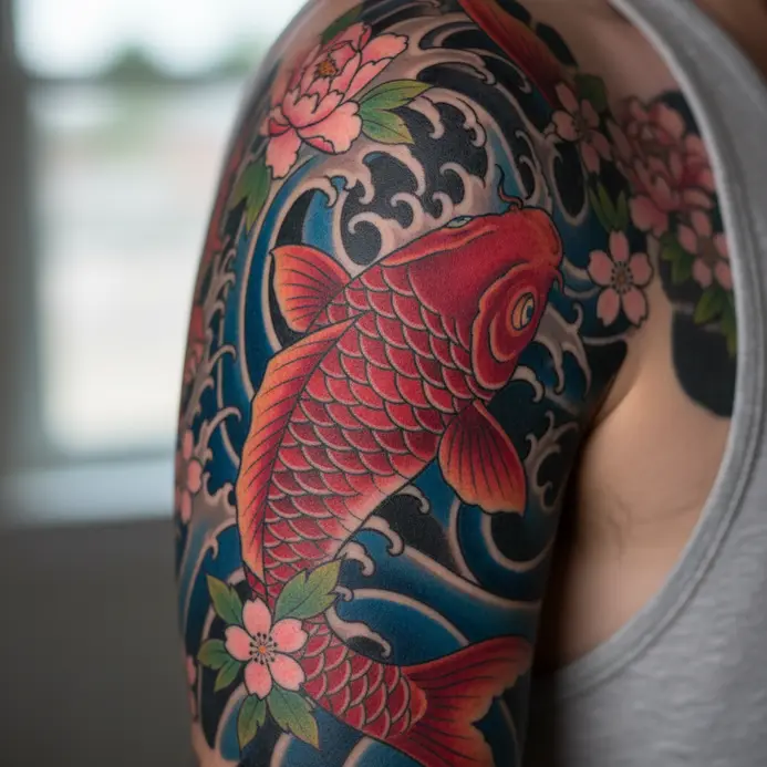 A full sleeve tattoo featuring a vibrant red koi fish swimming through stylized blue waves.