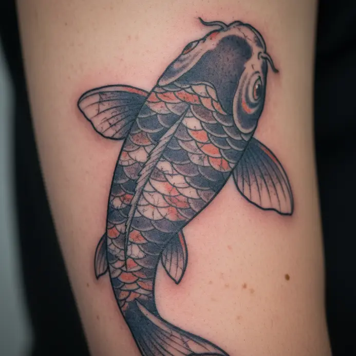 A koi fish tattoo where its body features the textured patterns of washi paper.