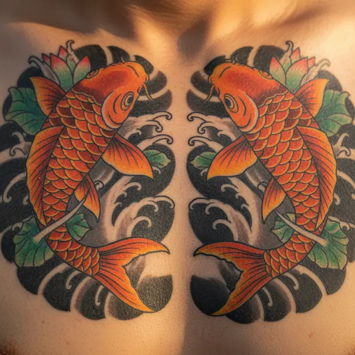 A traditional Japanese tattoo of two koi fish swimming symmetrically across a chest panel.