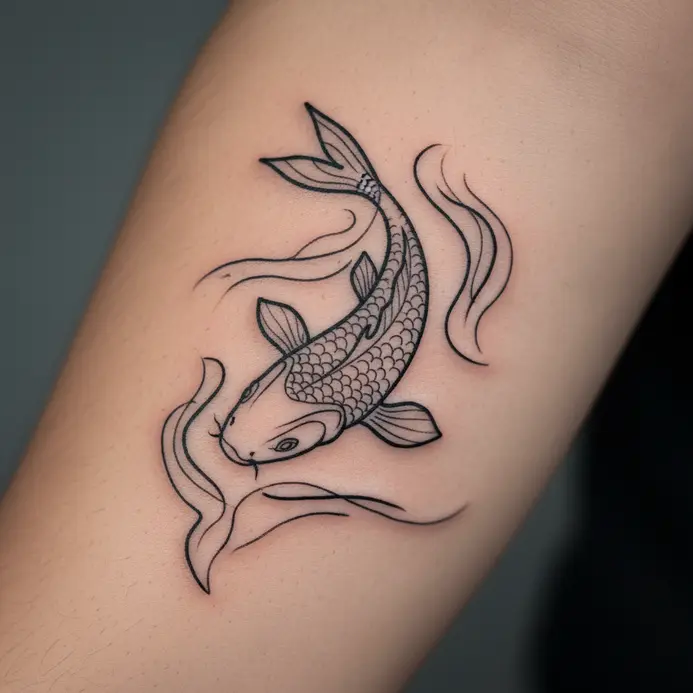 A tattoo of a koi fish created from one unbroken, looping line on a forearm.