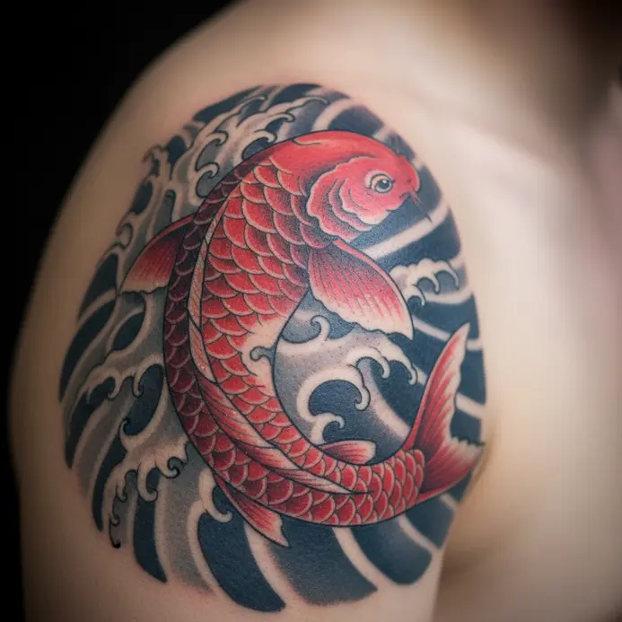 A koi fish tattooed in a powerful swimming motion, curving over the shoulder and onto the upper arm.