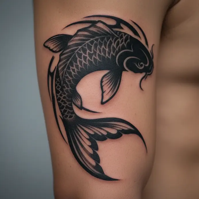 A black tribal tattoo design that forms the shape of a koi fish, wrapping around the bicep.