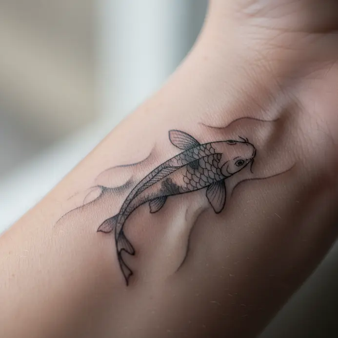 A delicate, fine-line tattoo of a small koi fish placed on the inner wrist.