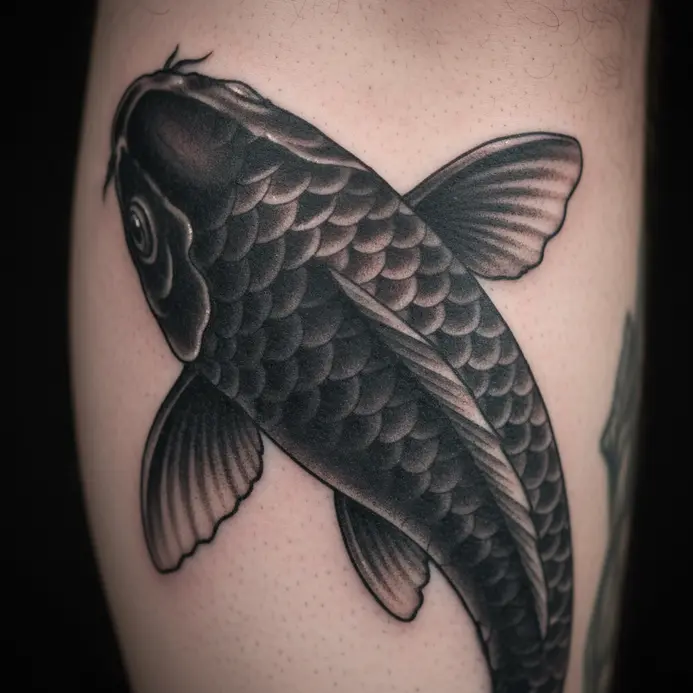 A black and grey realistic tattoo of a koi fish with detailed shading, covering the calf muscle.