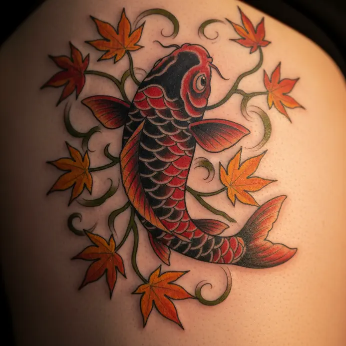 A red koi fish tattoo with a background of vibrant red and orange maple leaves.