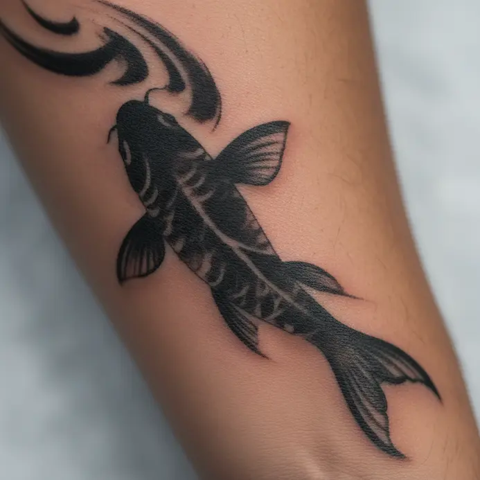 An abstract tattoo where a koi fish is suggested through bold, sweeping black ink brushstrokes.