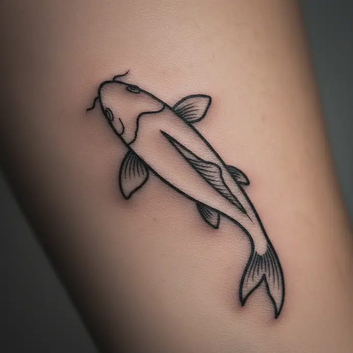 A thin black line drawing of a koi fish tattooed along the length of a forearm.