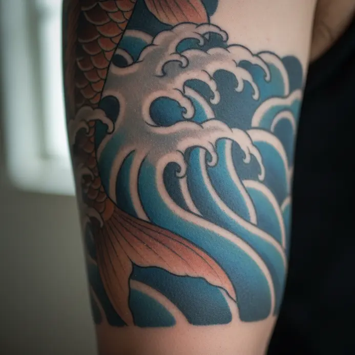 A sleeve tattoo where the body of a koi fish emerges from and disappears into stylized blue waves.